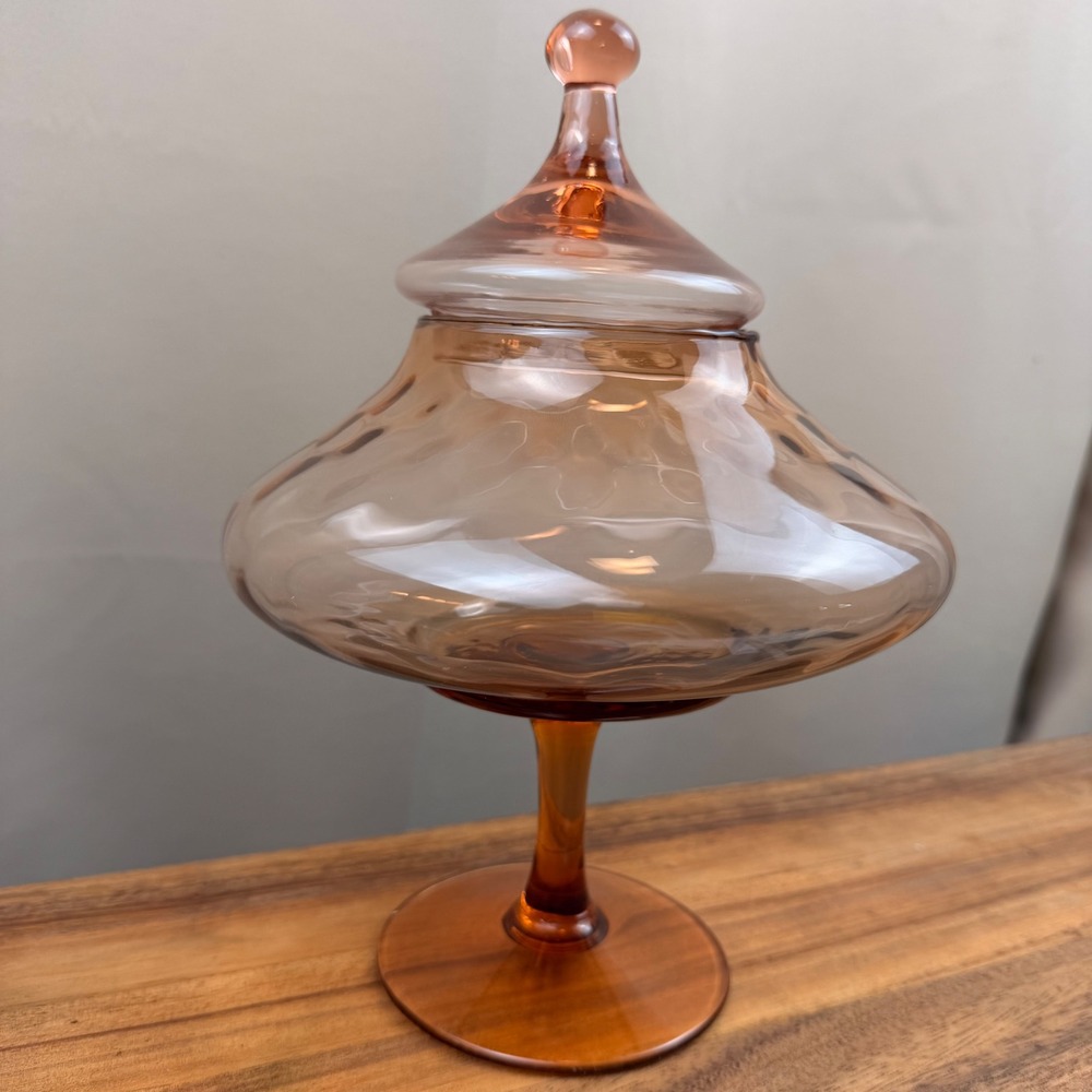 Vintage Peach Empoli Glass Apothecary Jar Pedestal Candy Dish with Lid Italy 10" - Picture 3 of 9